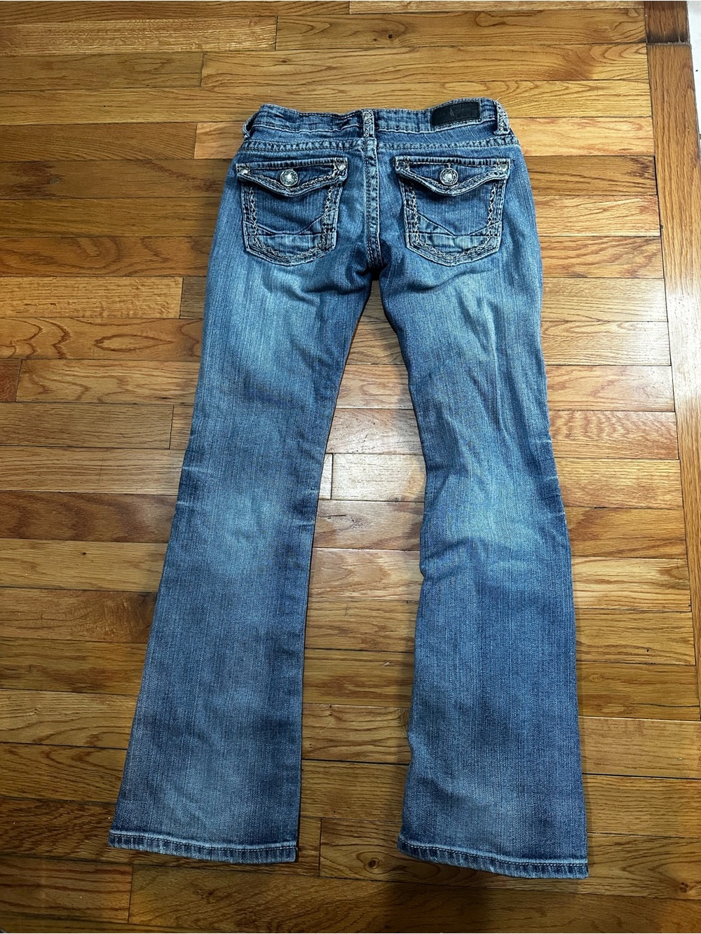 Daytrip Leo Bootcut Jeans Y2K Low Rise Embroidered Rhinestone Flap Pockets 25S - Picture 7 of 9